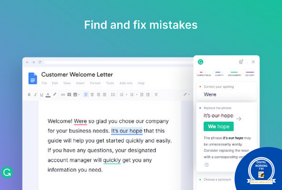 grammarly editing Tool, AI writing assistant tool