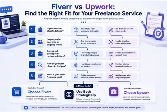 Fiverr vs Upwork decision guide showing which freelance platform fits different service models, workflows, and goals